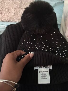 Steve Madden Black Knit Beanie with Faux Fur Pom and Rhinestones